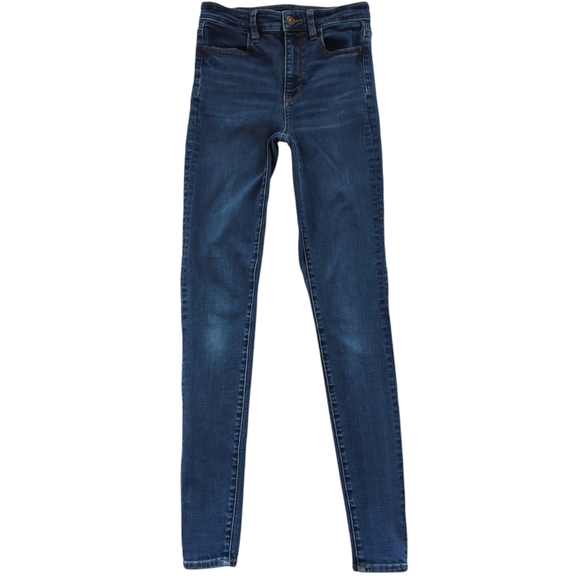 AEO Next Level Stretch Super Hi-Rise Jegging Mom Jeans 4 X-Long Blue Pockets - Picture 2 of 16